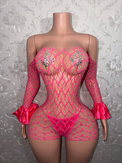 Kayla Off Shoulder Rhinestone Fishnet Romper Fits XS-M