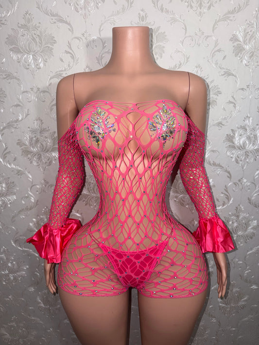 Kayla Off Shoulder Rhinestone Fishnet Romper Fits XS-M