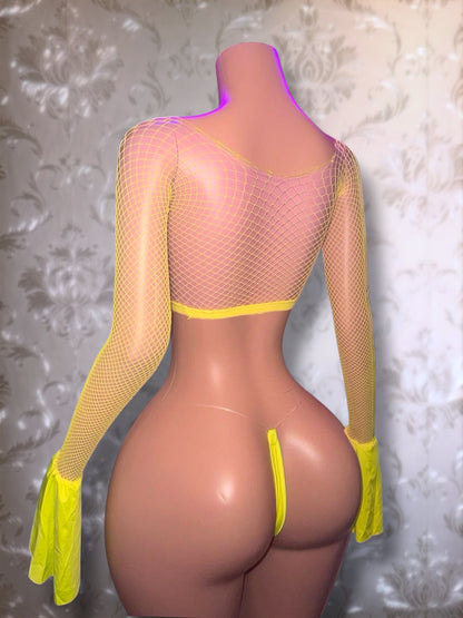 Bella Bell Sleeve Crop Top Fishnet 2 Piece Set Fits XS-L