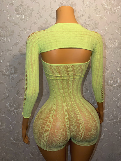 Chrome Hearts Neon Green Fishnet Romper Set Fits XS-L