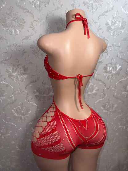 New PLT 2.0 Halter Rhinestone Fishnet Romper Fits S-XL
