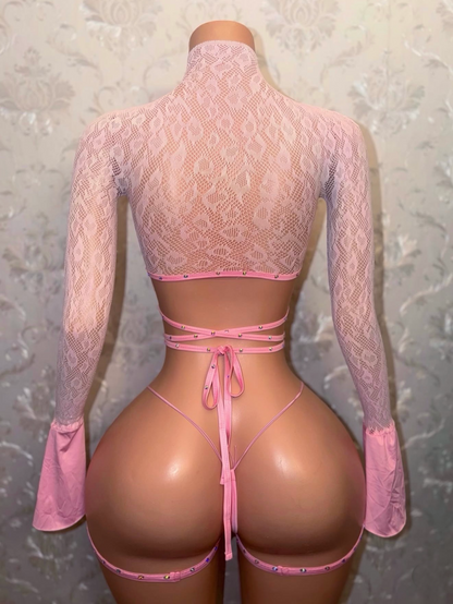 Sweetie Fishnet 3 Piece Flared Sleeve Set with Garters