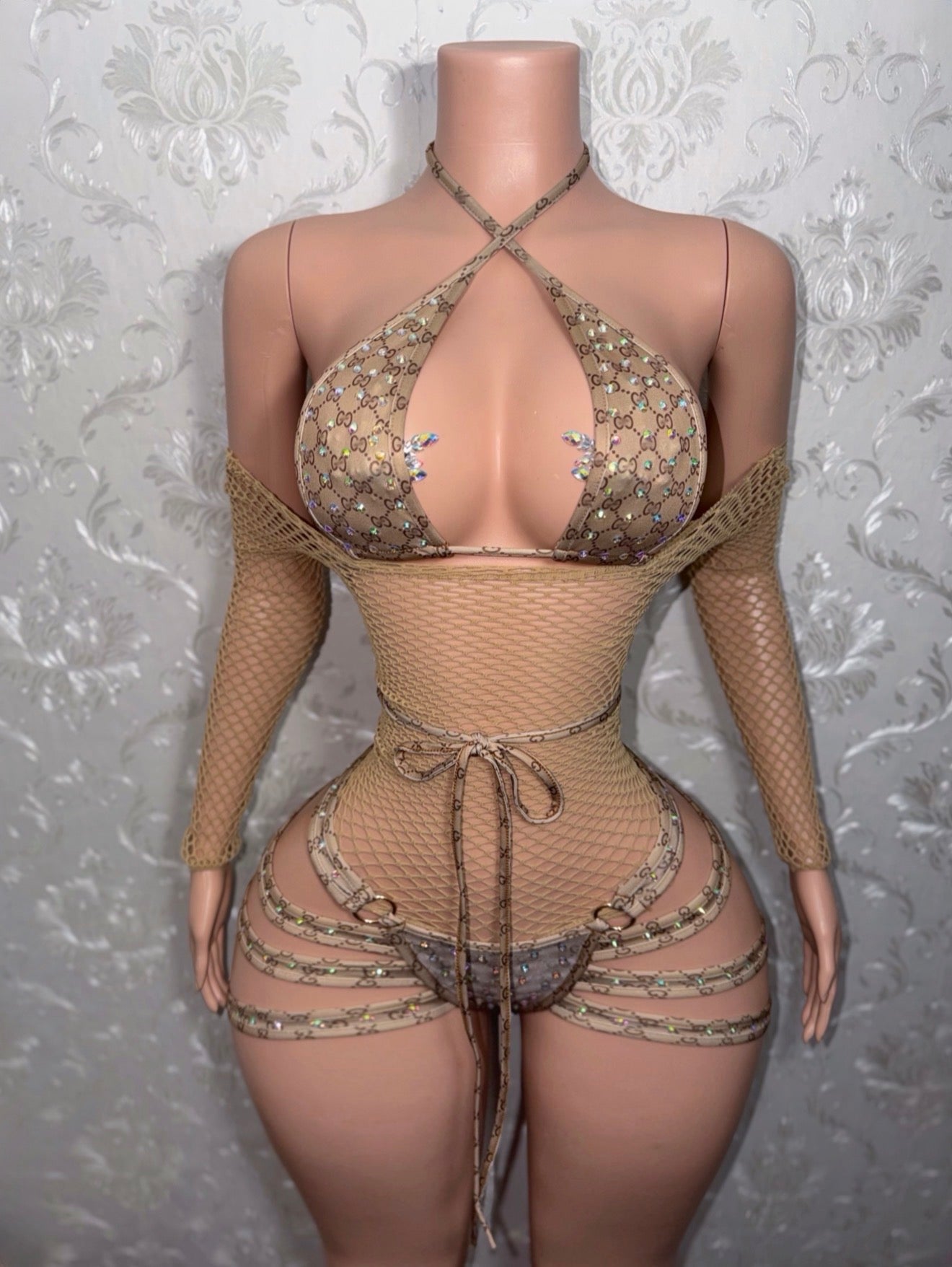 Sandy Cheeks 3 Piece Shorts Set With Fishnet Dress Fits S-L