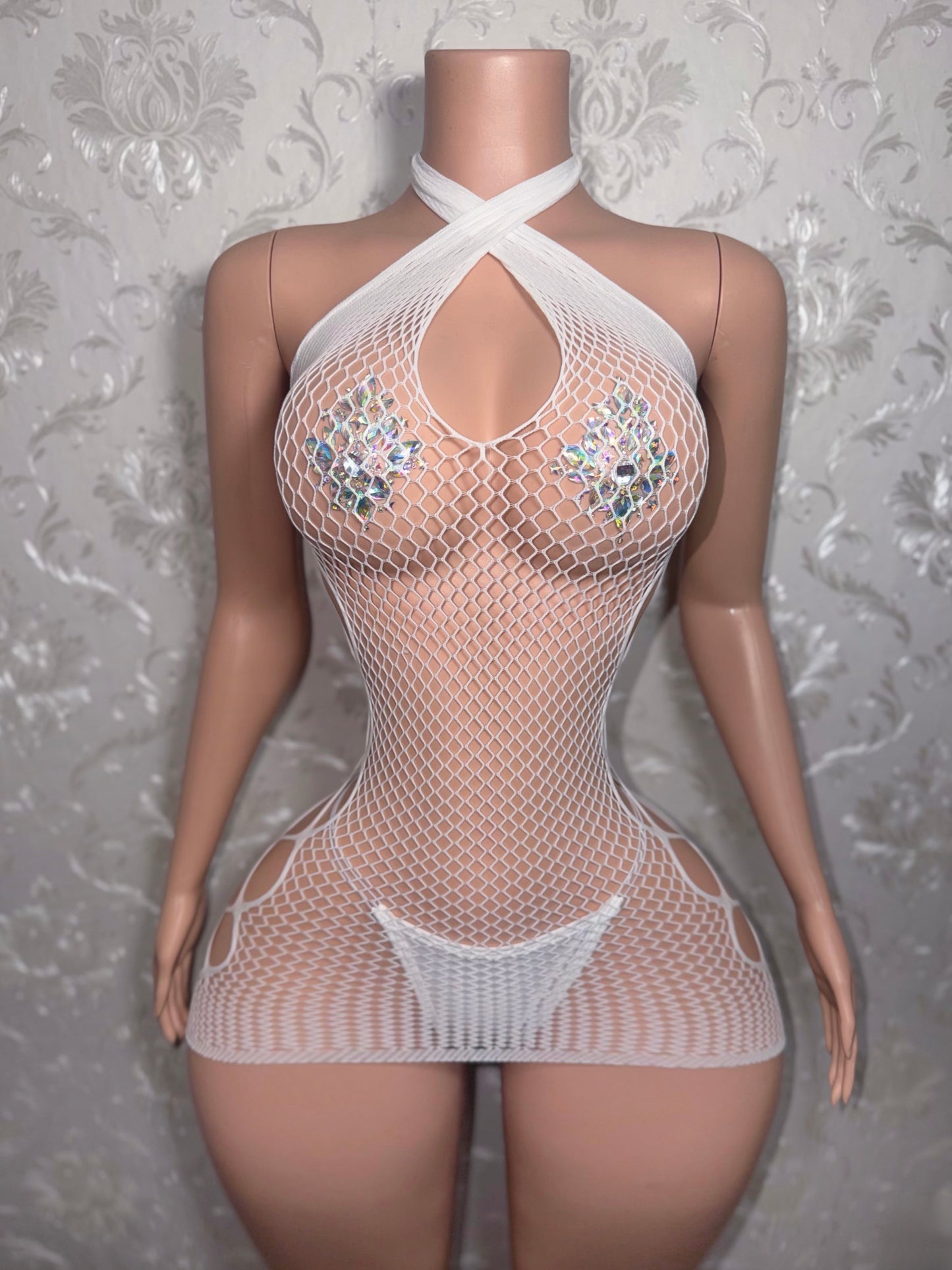 Teyana Fishnet Dress Optional Thong Fits XS-L