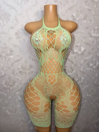 Britney Spearmint Mint Green 1 OF 1 Fishnet Romper Fits XS-L