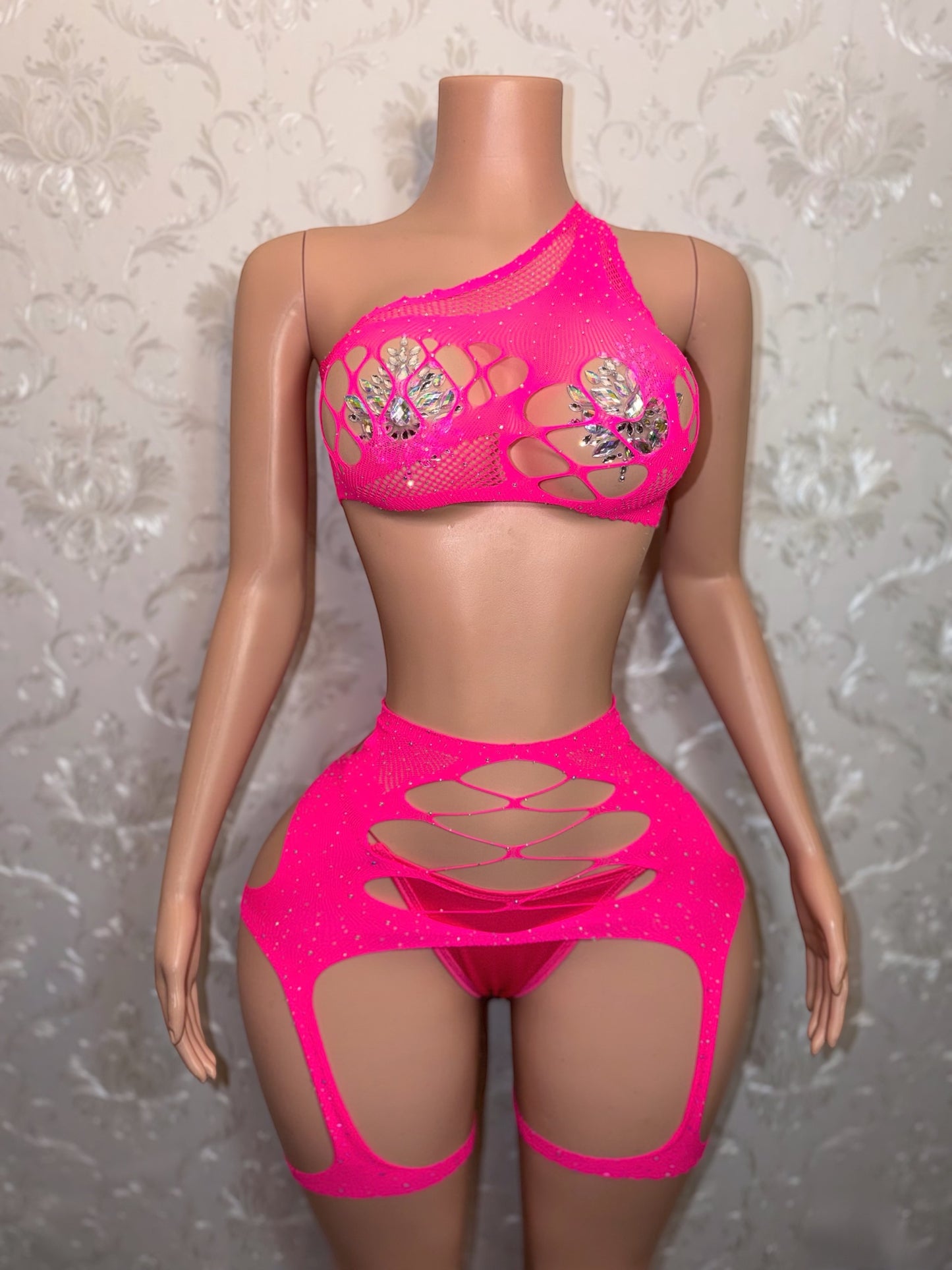 Kelsey Hot Pink Rhinestone Fishnet Chaps 2 Piece Optional Thong Fits S-L