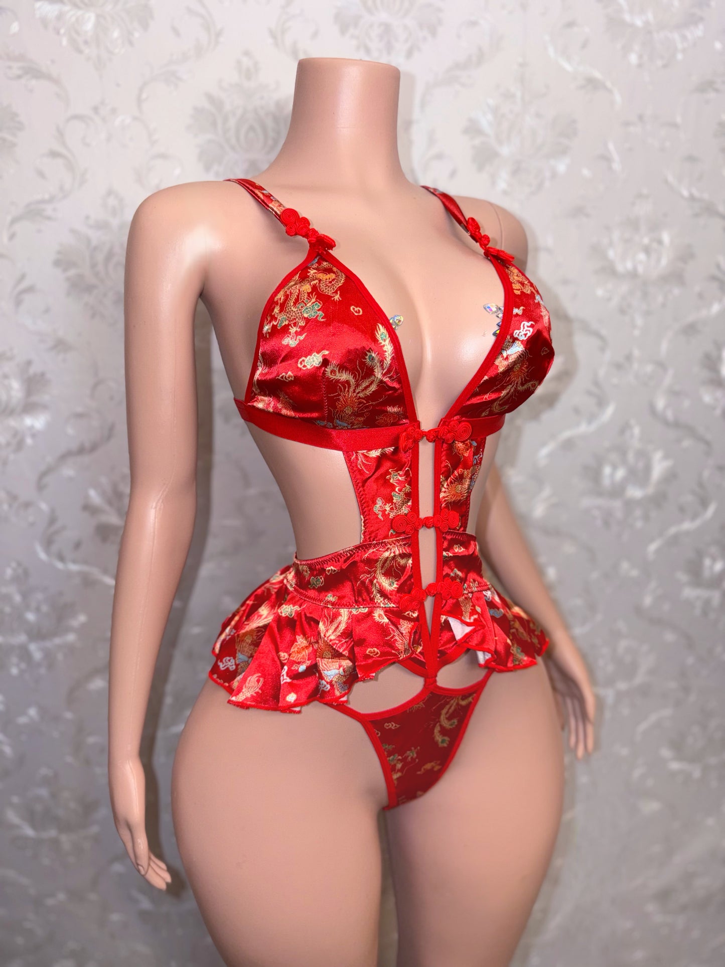 Shanghai Princess Red Dragon Pleated Satin 1 Piece Fits M