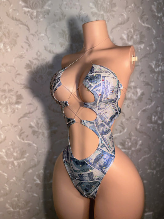 CREAM Collection — Dolla Bills Metallic Money Print One Piece in Blue