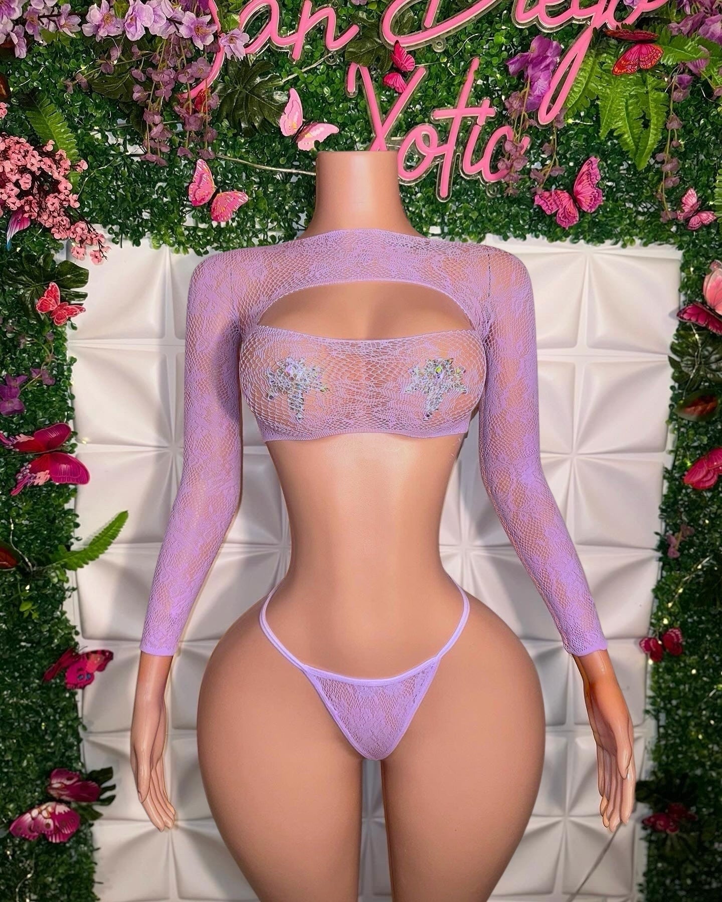 Kawaii Lace Long Sleeve Crop Top and Thong 2 Piece Fits XS-L