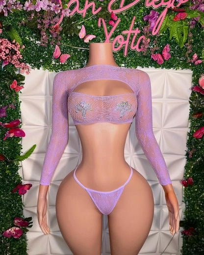 Kawaii Lace Long Sleeve Crop Top and Thong 2 Piece Fits XS-L