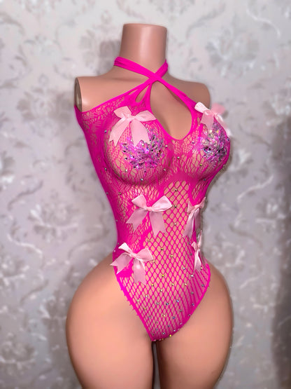 Sultry Vixen One Piece with Bows and Rhinestones Fits XS-XL