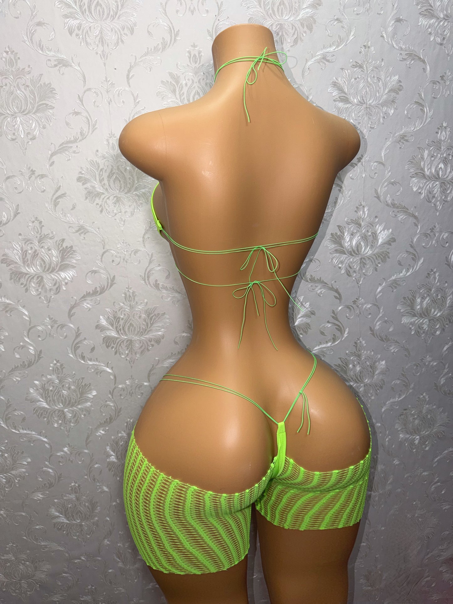 Jayda 3 Piece Bikini Set with Cutoff Fishnets Optional Stones
