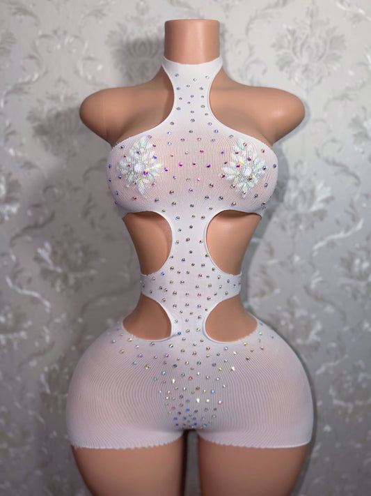 Iced Out Sheer Mesh Romper Optional Extra Stones Fits S-L