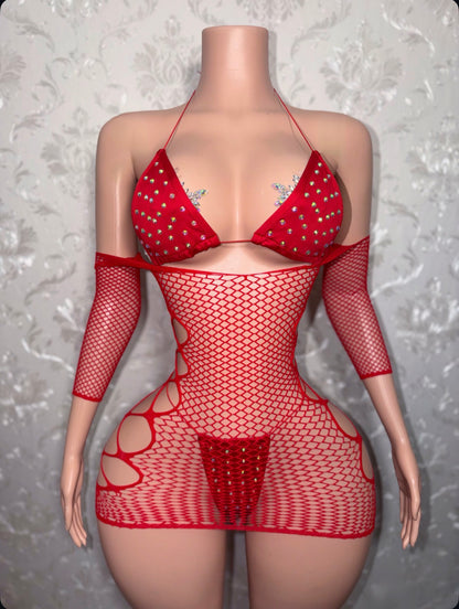 Martina Bikini + Teyana Fishnet Dress 3 Piece Set Fits XS-L