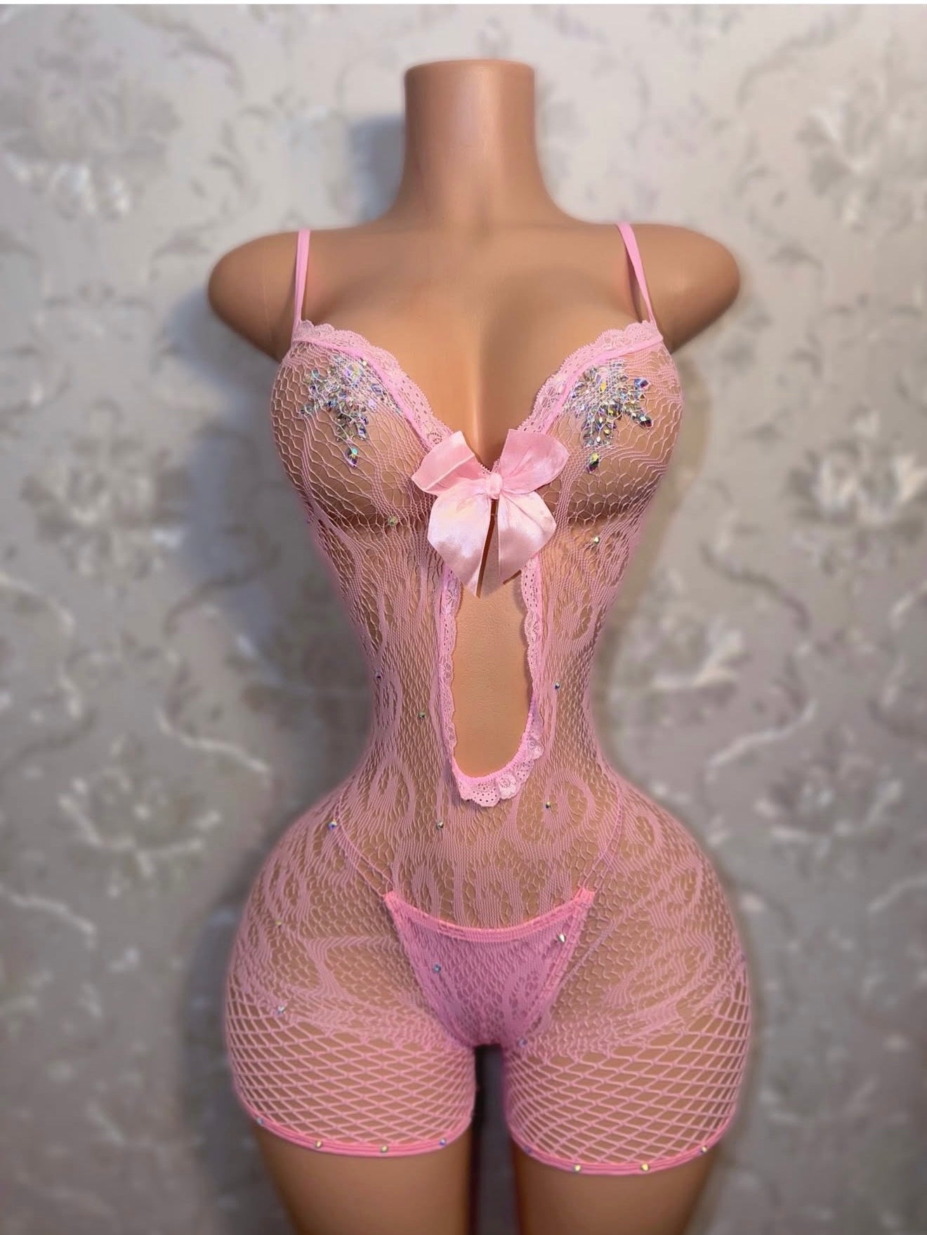 Babydoll Diamond Lace Fishnet Romper Fits XS-L