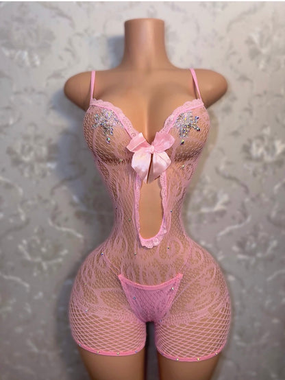 Babydoll Diamond Lace Fishnet Romper Fits XS-L