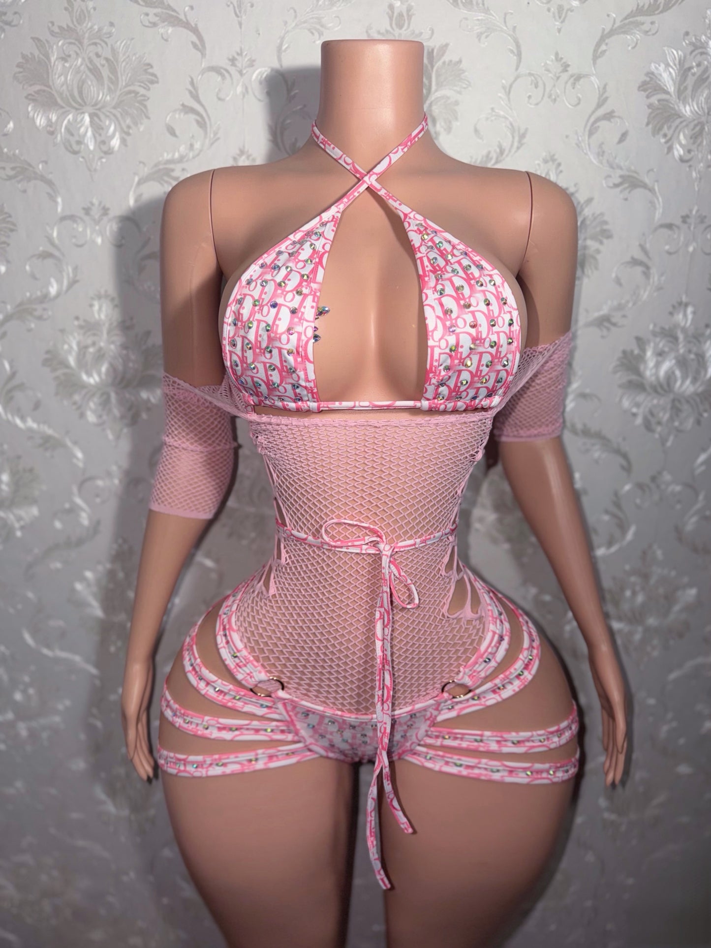Pinkface 3 Piece Shorts Set With Fishnet Dress Fits S-L