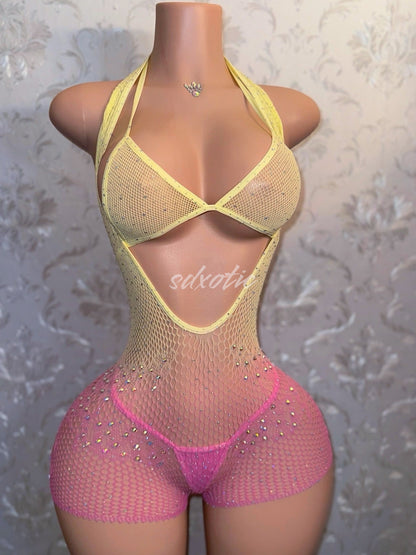 Mean Girl Rhinestone 3 Piece Fishnet Romper Bikini Set