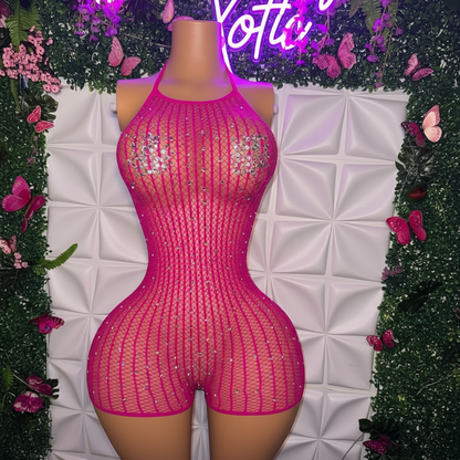 Serena Halter Fishnet Romper with Rhinestones Fits XS-XL