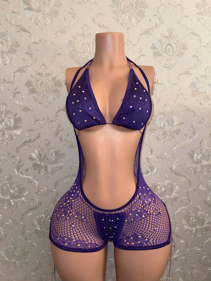 Plain Jane — Fishnet Hammock Shorts & Bikini 3 Piece Set Extra Rhinestones Fits XS-L