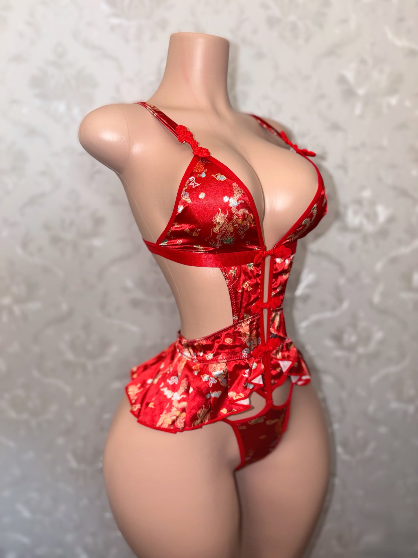 Shanghai Princess Red Dragon Pleated Satin 1 Piece Fits M