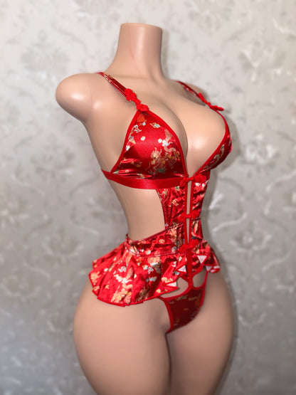 Shanghai Princess Red Dragon Pleated Satin 1 Piece Fits M