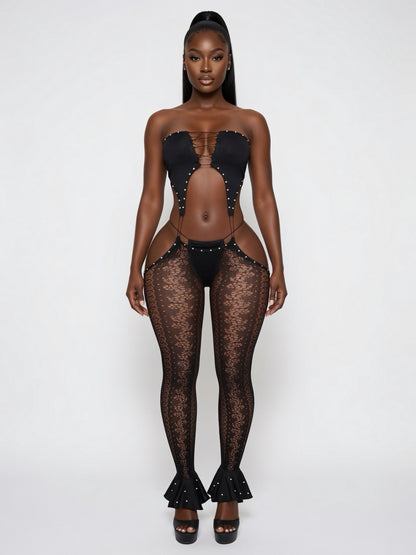 Nefise Rhinestone Fishnet Jumpsuit + Thong 2 Piece Set Fits S-L