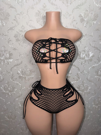 Black Bonnie Net Bandeau and Side Tie Slits Shorts Set