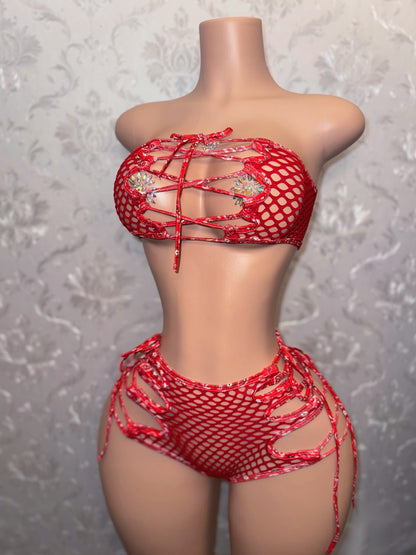 Bonnie Red Paisley Net Shorts Set Fts XS-L
