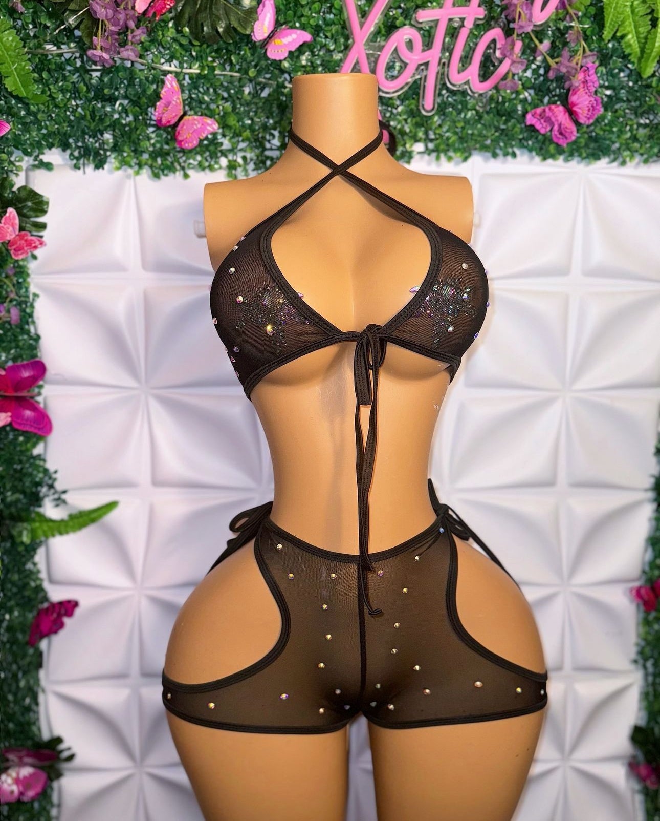 Malu — Mesh 2 Piece Booty Cage Shorts with Rhinestones