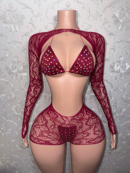Sangria Suriyah Fishnet Romper With Bikini 3 Piece Set Fits XS-L