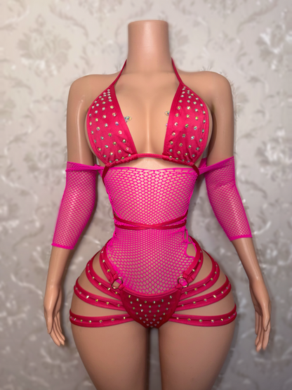 Georgia Peach + Teyana Fishnet Dress 3 Piece Set Fits S-L