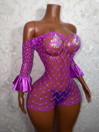Kayla Off Shoulder Rhinestone Fishnet Romper Fits XS-M