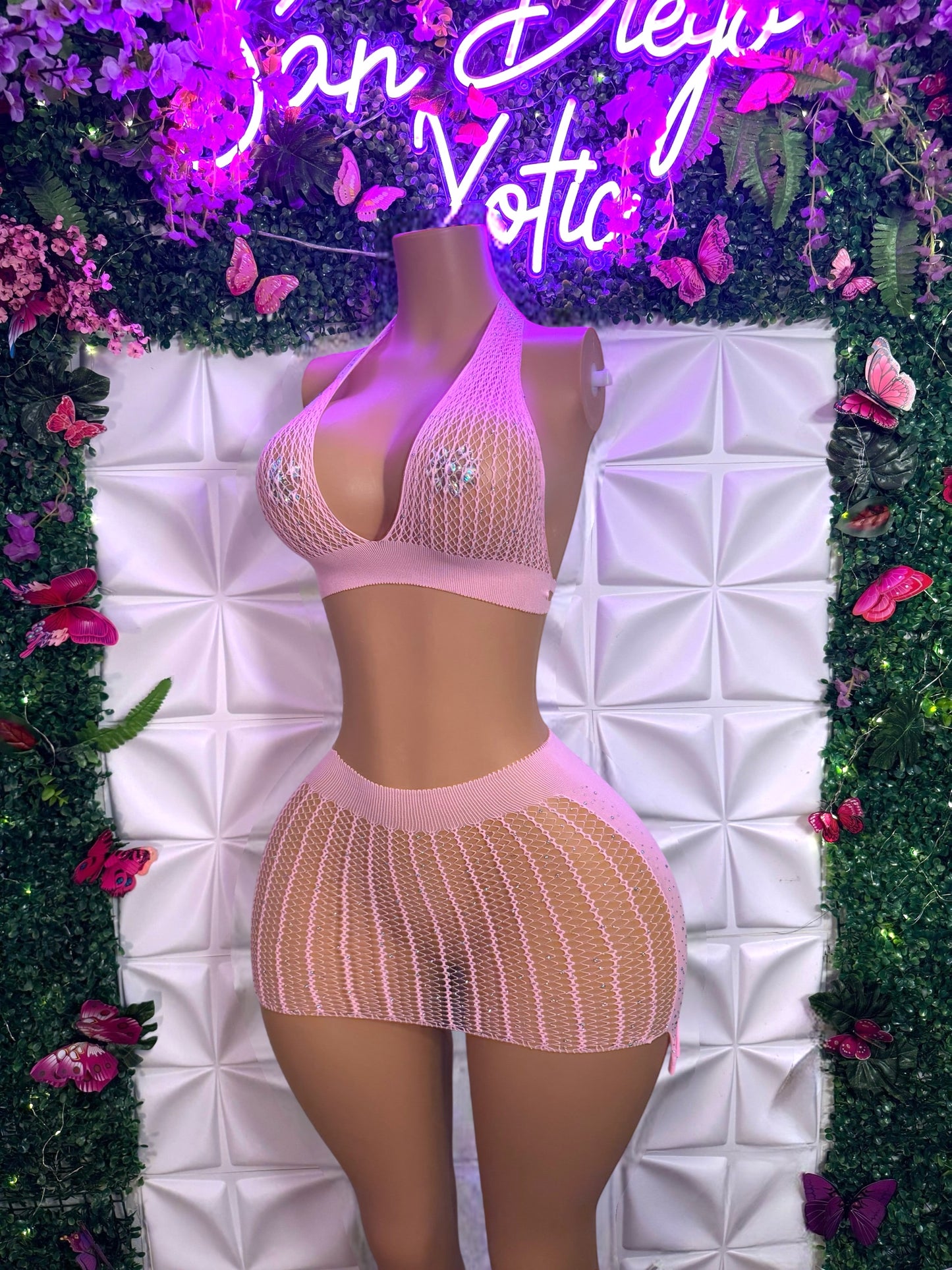 Kimmie — Glittery Fishnet Halter Top and Skirt Set Fits XS-M