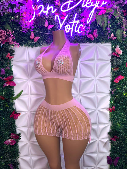 Kimmie — Glittery Fishnet Halter Top and Skirt Set Fits XS-M