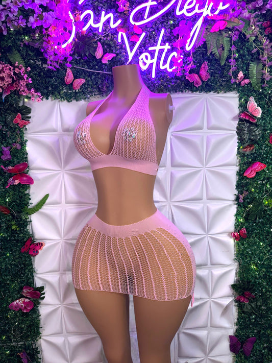 Kimmie — Glittery Fishnet Halter Top and Skirt Set Fits XS-M