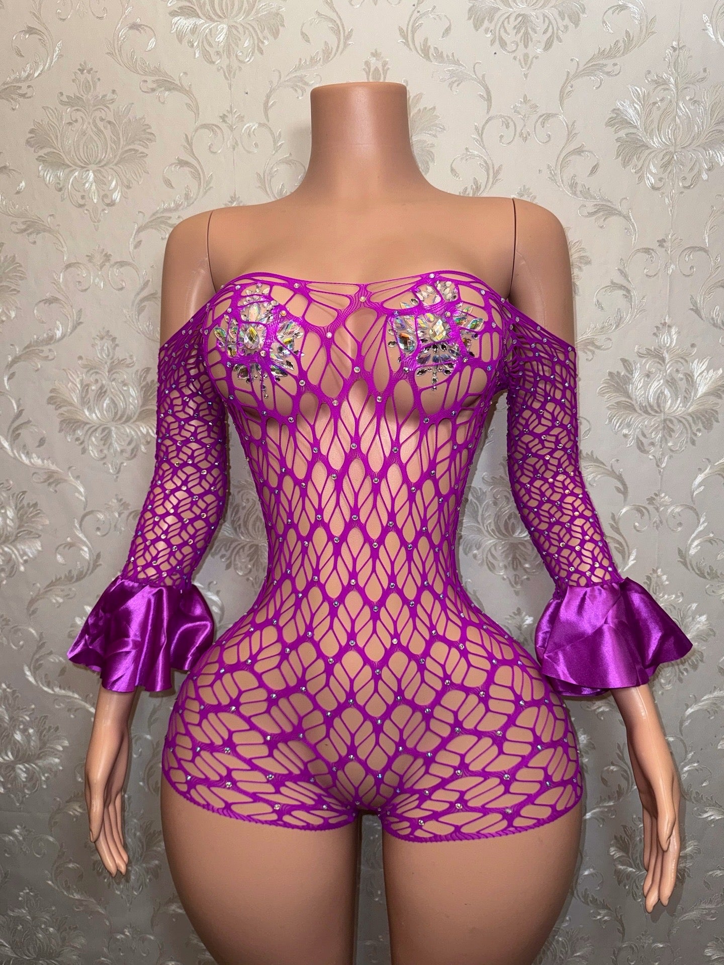 Kayla — Off Shoulder Fishnet Romper Fits XS-M