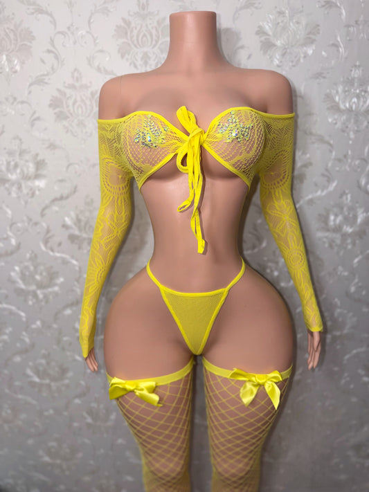 Venus 3 Piece Fishnet Set with Stockings Fits XS-L