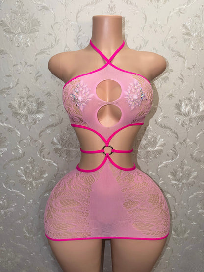 Cassie Baby Pink Two Tone Fishnet Lace Dress Fits XS-L