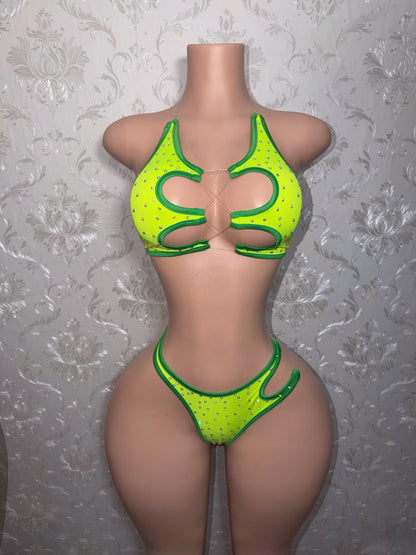 Sour Apple Mamacita 2 Piece Asymmetrical Rhinestone Bikini