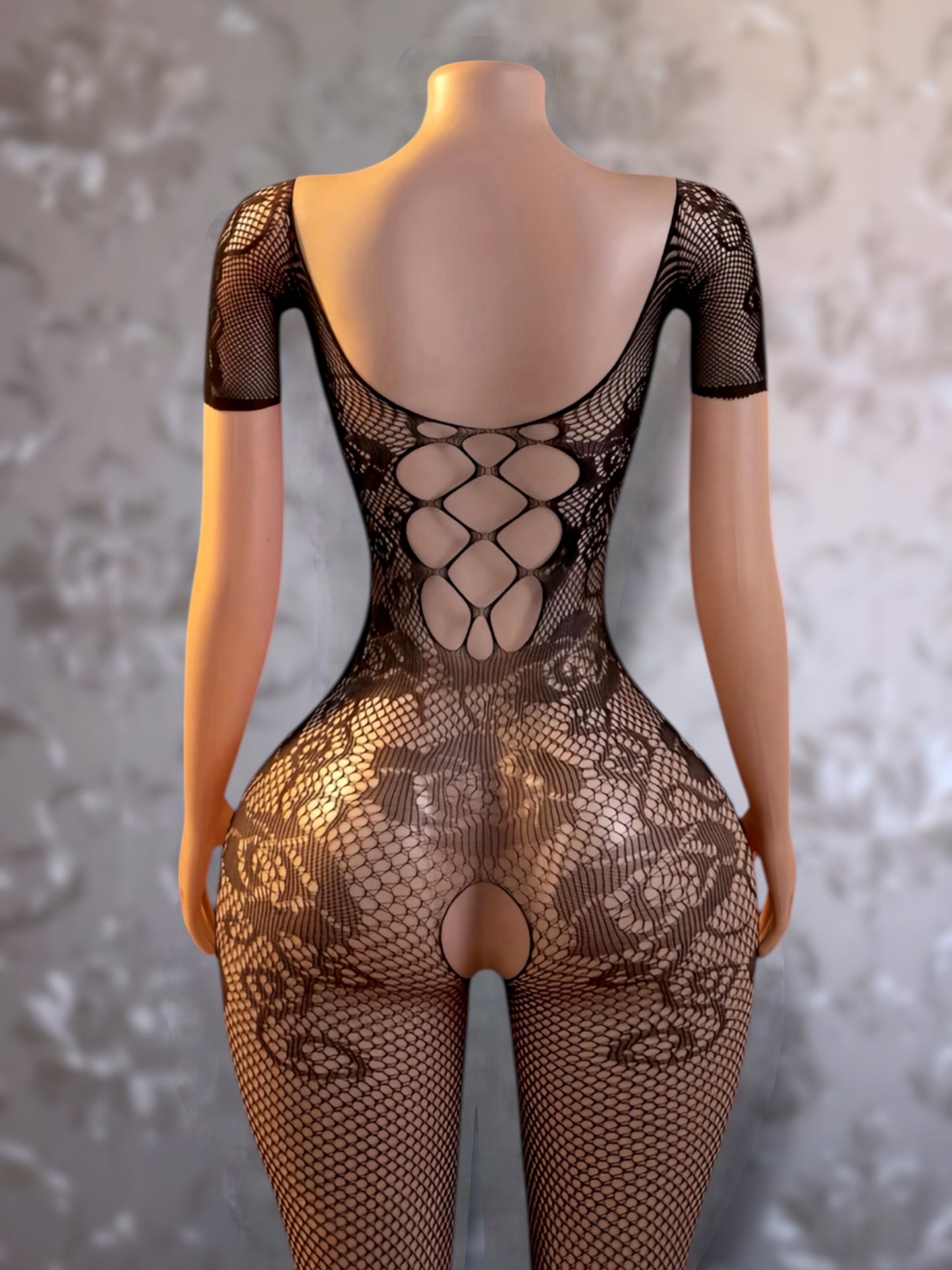 Rosé Short Sleeve Fishnet Bodystocking Fits XS-M