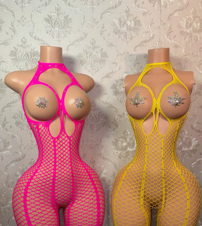Nadia — Cutout Boob Fishnet Jumpsuit with Rhinestones Fits XS-L