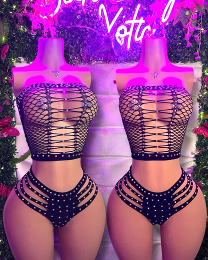 Natina Extra Rhinestone 2 Piece Cheeky Fishnet Set Fits All Sizes