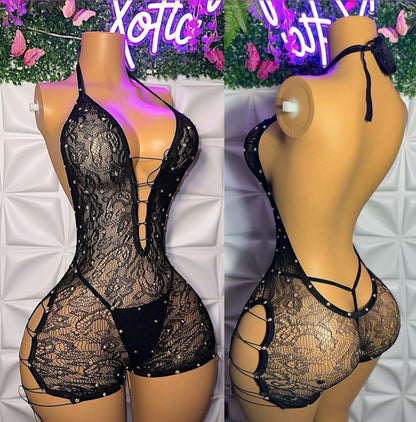 Dime Piece — Now Ft Dime Piece 2 Lace Rhinestone Romper Low Cut Back with Thong Fits XS-L