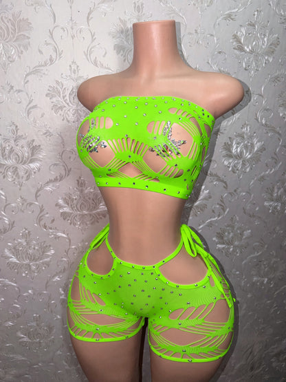 Xtina Rhinestone Cutout Fishnet Shorts Set Fits M