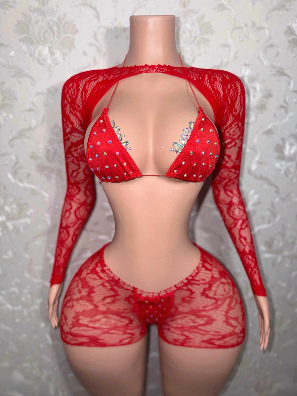 Suriyah Fishnet Cutoff Shorts Bikini and Shrug 4 Piece Set Fits XS-L