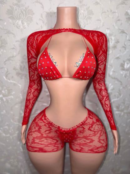 Suriyah Fishnet Cutoff Shorts Bikini and Shrug 4 Piece Set Fits XS-L