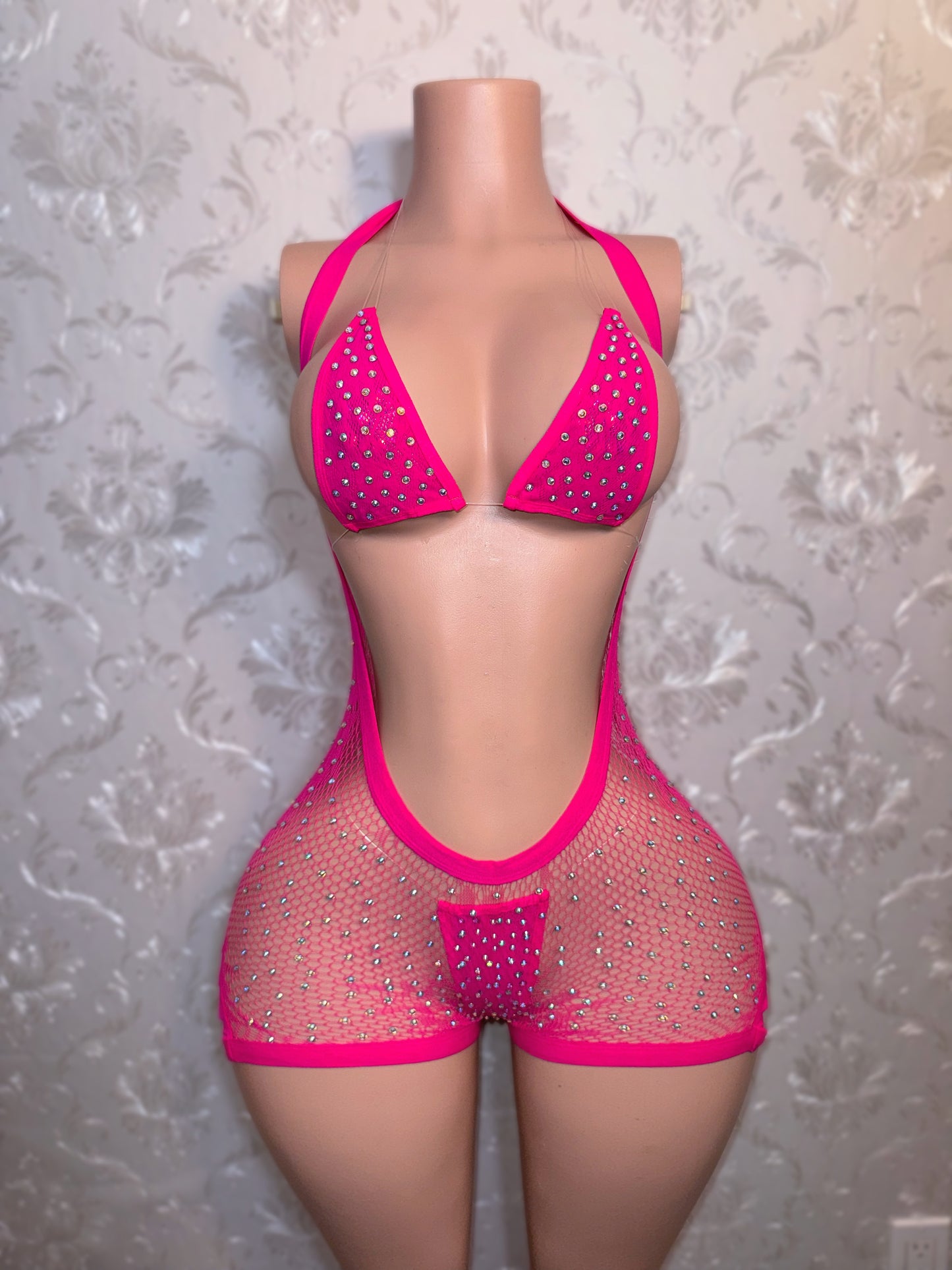 Plain Jane — Diamond Fishnet Overalls and Mesh Bikini 3 Piece Set