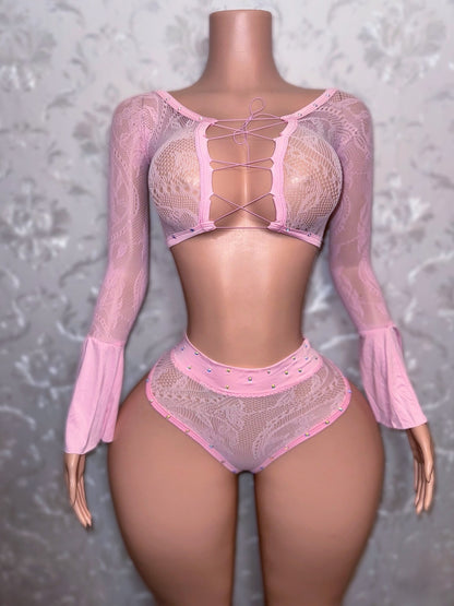 Carolina — High Waisted Fishnet Lace Set With Stones Fits S-L