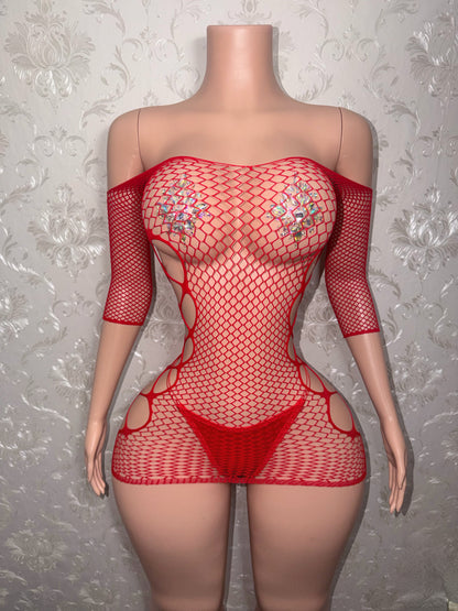 Teyana Fishnet Dress Optional Thong Fits XS-L